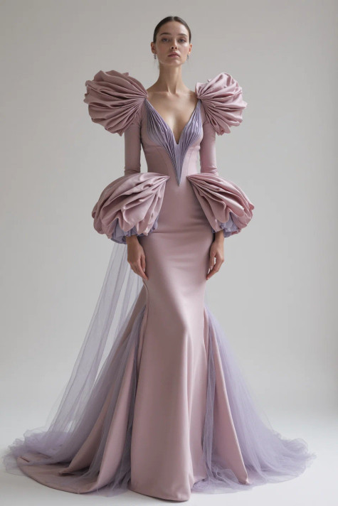 Oversized Ruffled V-Neck Gown