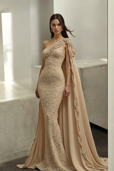 Detailed One-Shoulder Cape Gown