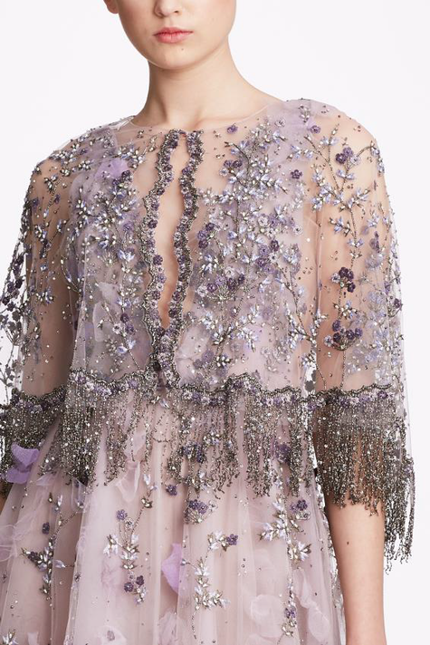 Marchesa Couture Plunging V-Neck Floral Tulle Gown w/ Cape M27500
