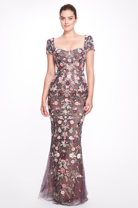 Floral Appliquéd Cap Sleeve Gown