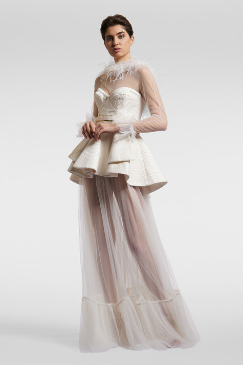 Feather Neck Peplum  Gown