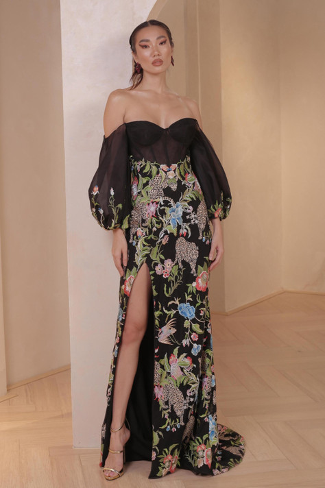 Off Shoulder Gown with Embroidered Lace