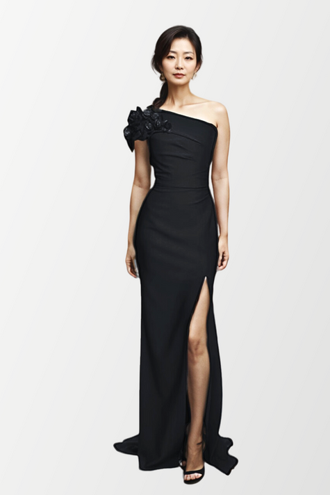 One  Shoulder Crepe Slit Gown