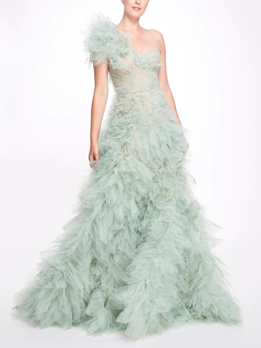 One Shoulder  Shirred Tulle Gown