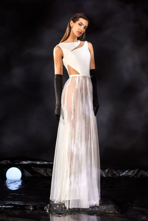 Crepe and Embroidered Tulle Evening Gown