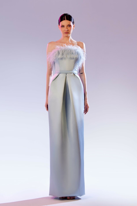 Strapless Gown with Feathers