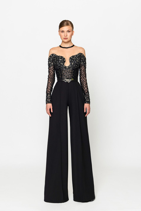 Crepe Jumpsuit with Embroidered Top