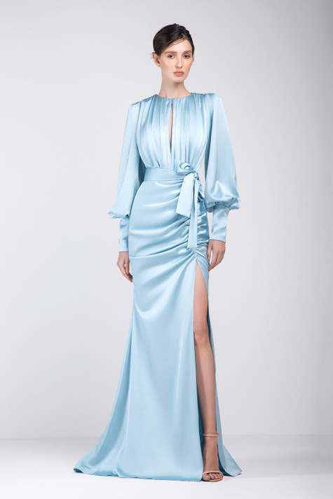 Crepe Satin Long Sleeve Gown