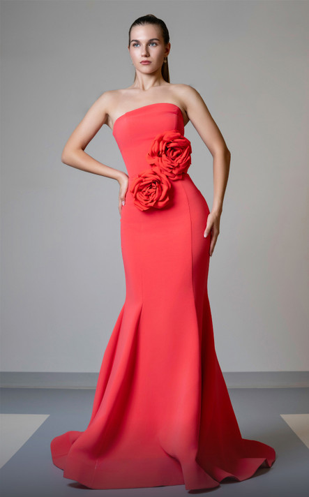 Strapless Flared Gown with Floral Detail