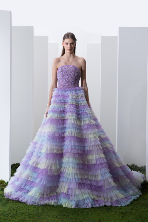 Beaded Strapless Layered Gown