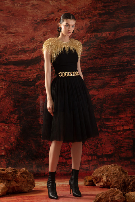 Gold Top with Flared Tulle Skirt