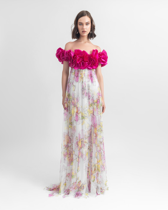 Floral Tulle Off Shoulder Gown