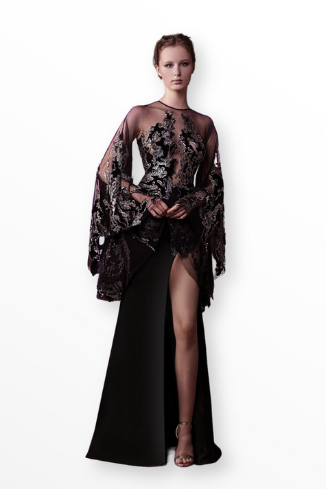 Velvet and Crepe- Thigh-High Slit Gown