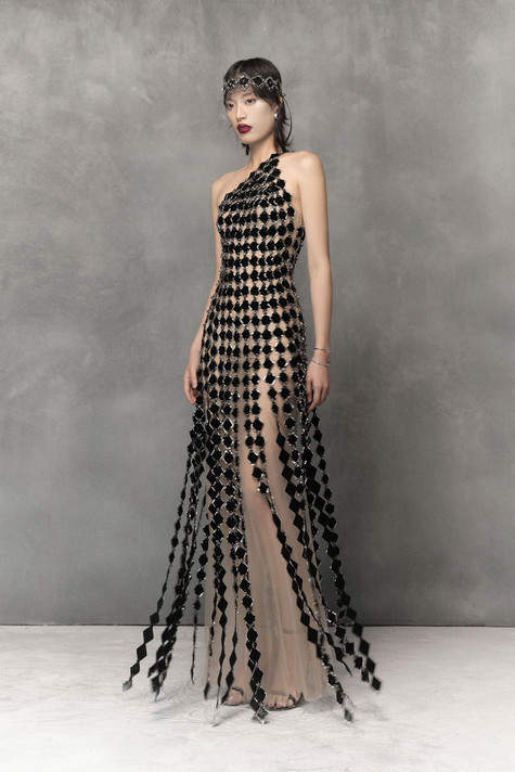 Sheer Tulle Gown with Velvet Fabric Cuts