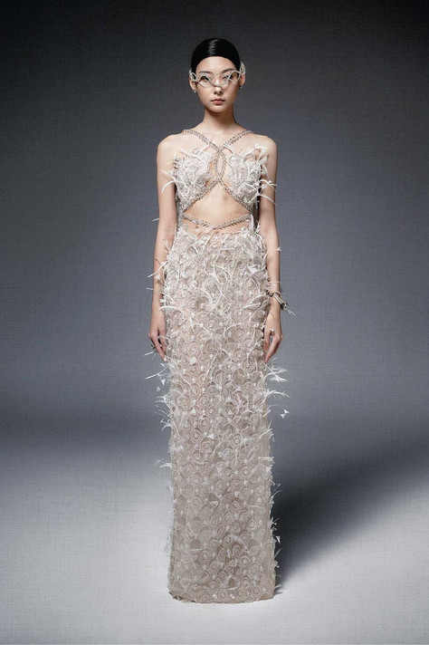 Sleeveless Column- Gown with Ostrich Feathers