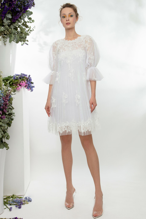 Pleated Lace Short Dress