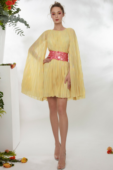 Pleated Mousseline Short Dress with Detachable Belt