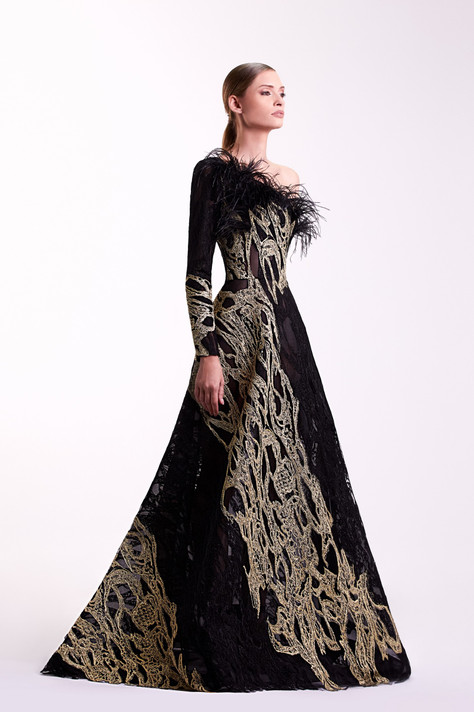 One Shoulder Feather Gown
