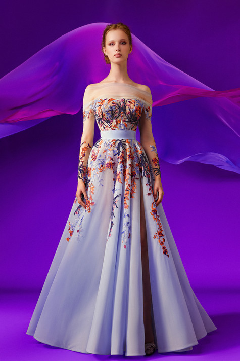 Sheer Tulle Off Shoulder A-Line Gown
