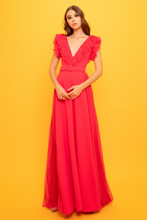 Ruffled Neckline Long Crepe Dress