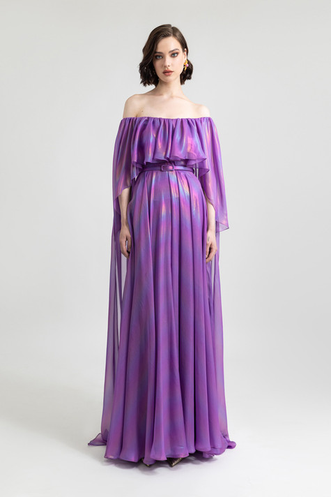 Off Shoulder Ruffled Chiffon Gown