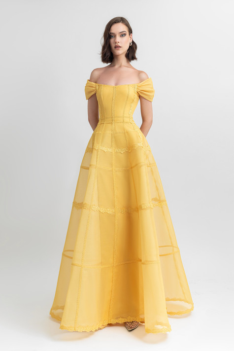Off Shoulder Corset Mesh Gown