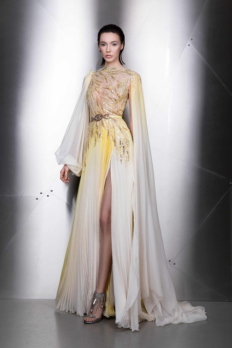 Cape Sleeve Embellished Slit Gown