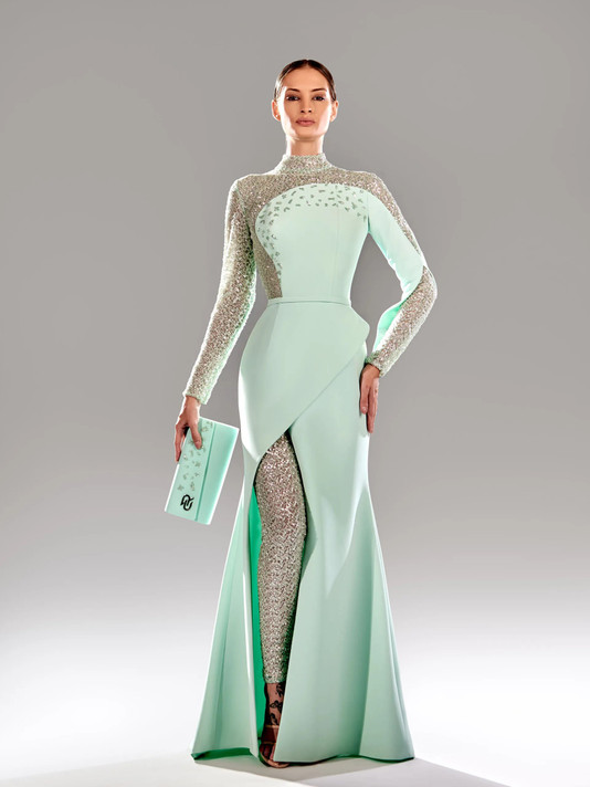 Beaded Long-Sleeve Gown