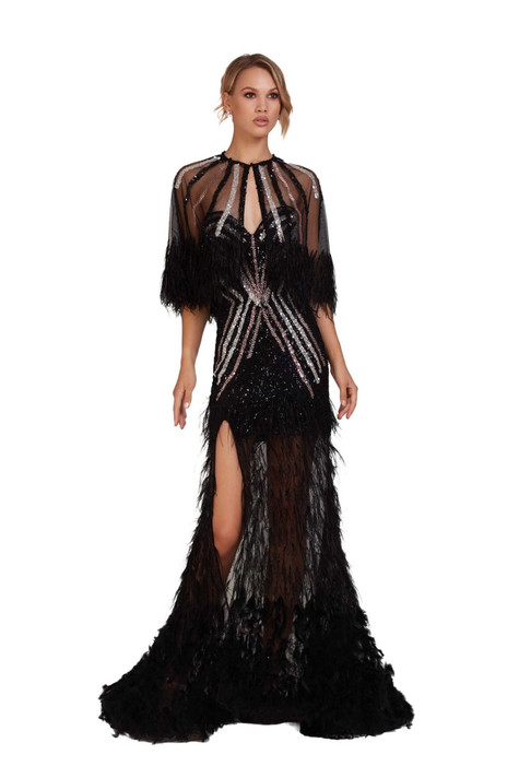 Strapless Embellished Gown with Cape