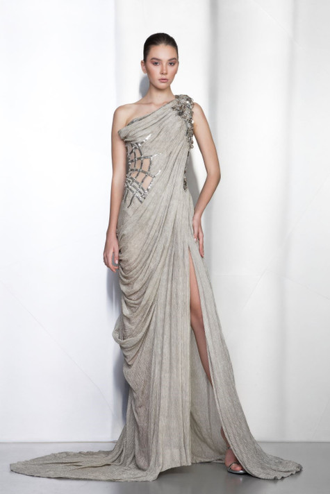 Embellished One Shoulder Slit  Gown
