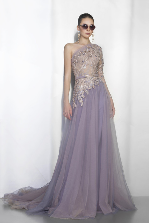 One  Sleeve Embroidered Tulle Gown