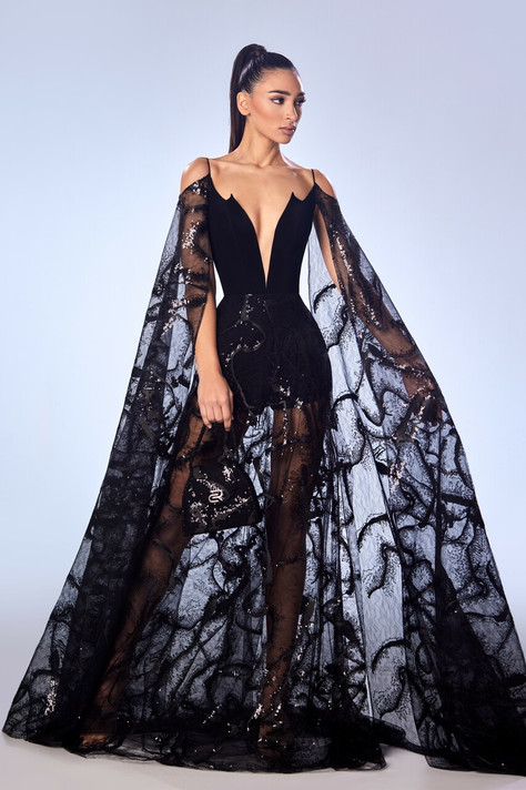 Beaded Chantilly Lace Cape Gown
