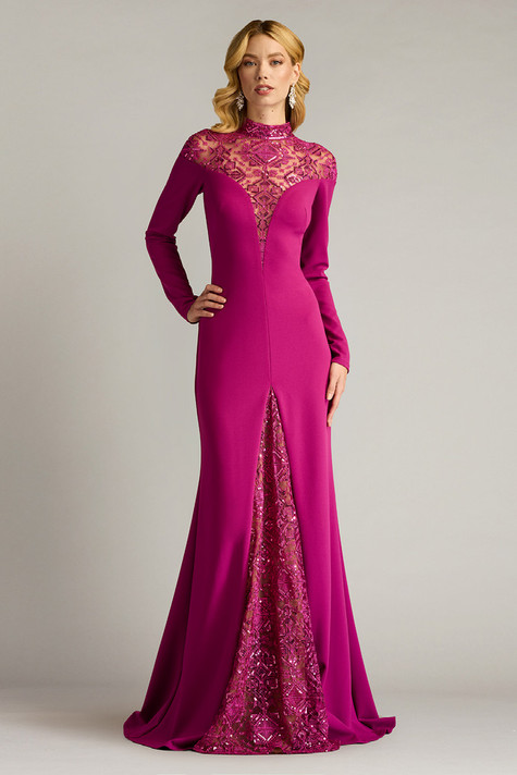 Textured Crepe and Paillette Embroidered Tulle Gown