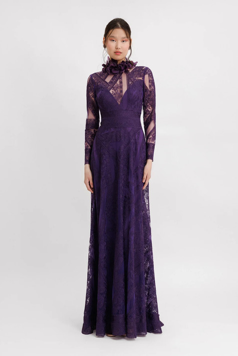 Patterned Lace Long Sleeve Gown