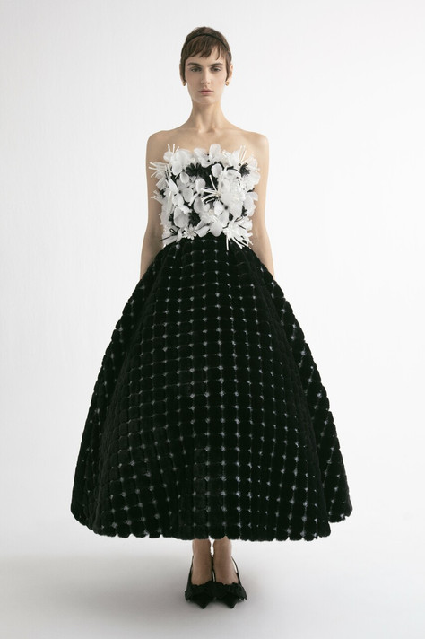 Strapless Midi Dress with Floral Bodice