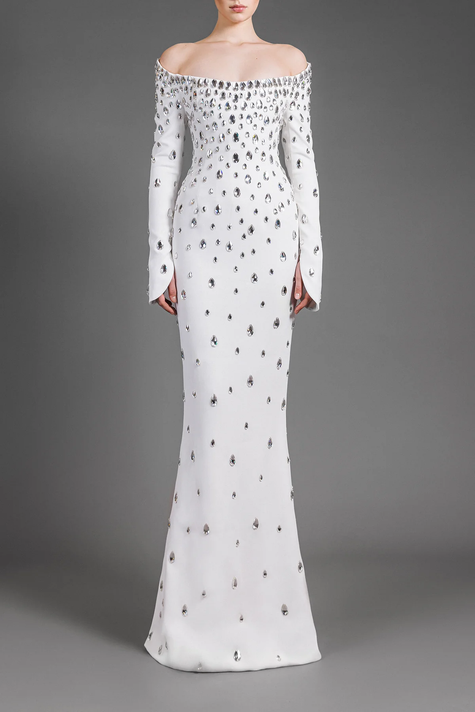 Off Shoulder Cr?pe Embroidered Gown