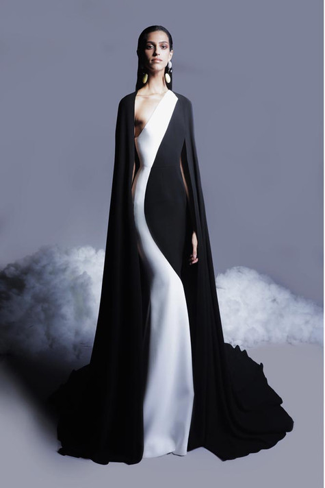 One Shoulder Crepe  Gown with Cape