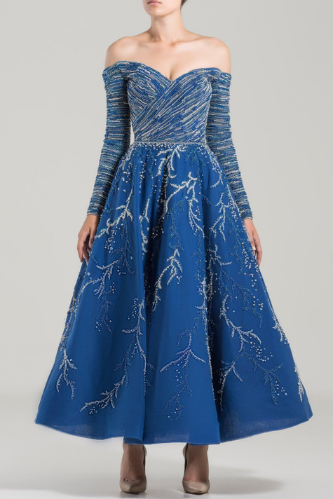 Fully Beaded Off Shoulder Midi Dress