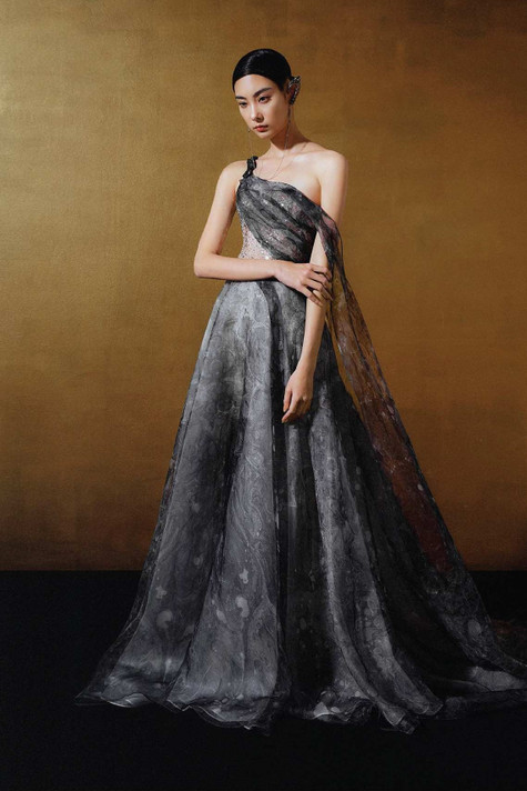 One Shoulder Chiffon and Sequin Gown