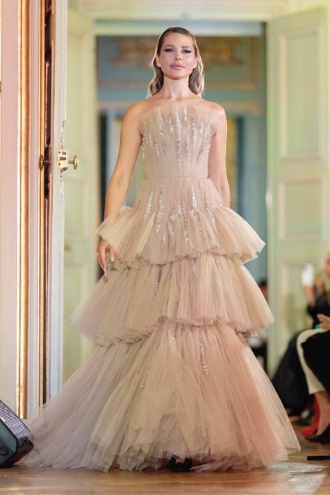 Embellished Tiered Strapless Gown