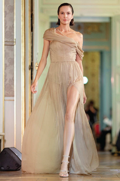 Draped One Shoulder Gown with Slit