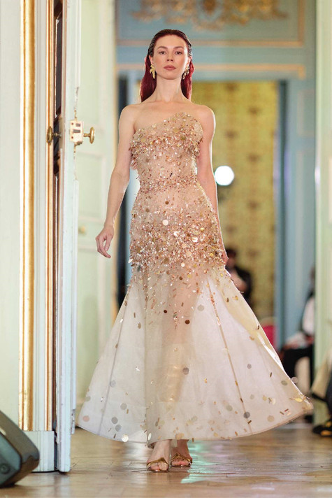 Strapless Embellished Flared Gown