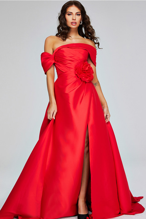 Off Shoulder Slit Gown with Flower Detail