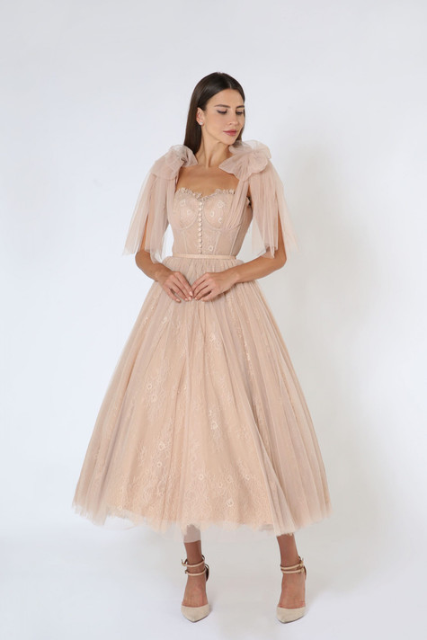 Beige Tulle Midi Dress