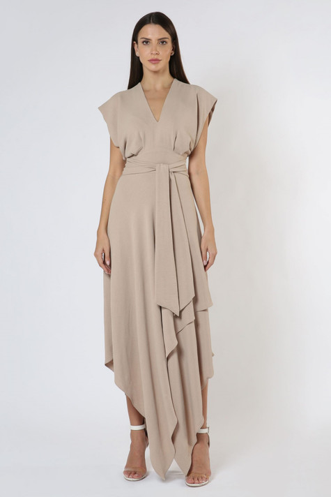 Beige Draped Midi Dress