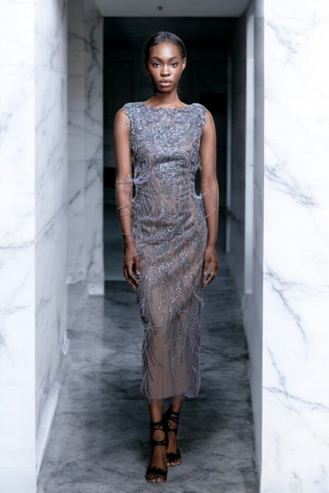 Feathered Tea-Length Gown
