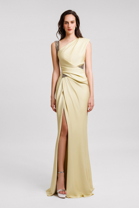 Embellished Asymmetrical Neckline Gown