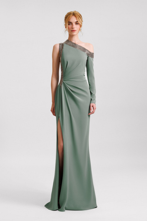 Embellished Asymmetrical-Neckline Gown