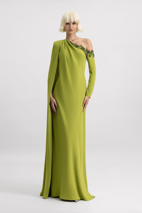 One-Shoulder Gown with Beaded Neckline
