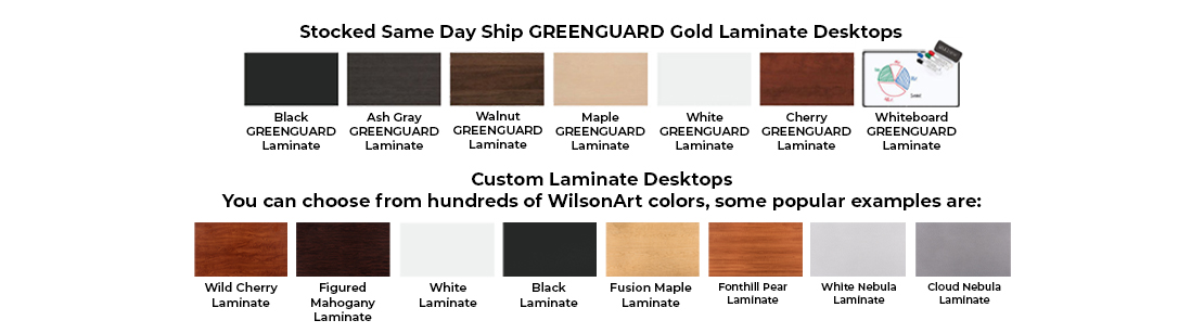 Seven GREENGUARD Gold Laminate Desktops by UPLIFT Desk and hundreds of Custom Laminate Desktops are available to order